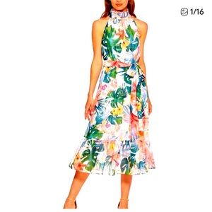 ELIZA J Dress 12 Midi Halter Floral Keyhole Button Neck Closure Ruffle Hem Lined
